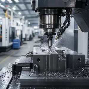 Close-up of a CNC milling machine cutting a metal workpiece with coolant spray and metal chips inside a clean industrial machine shop.